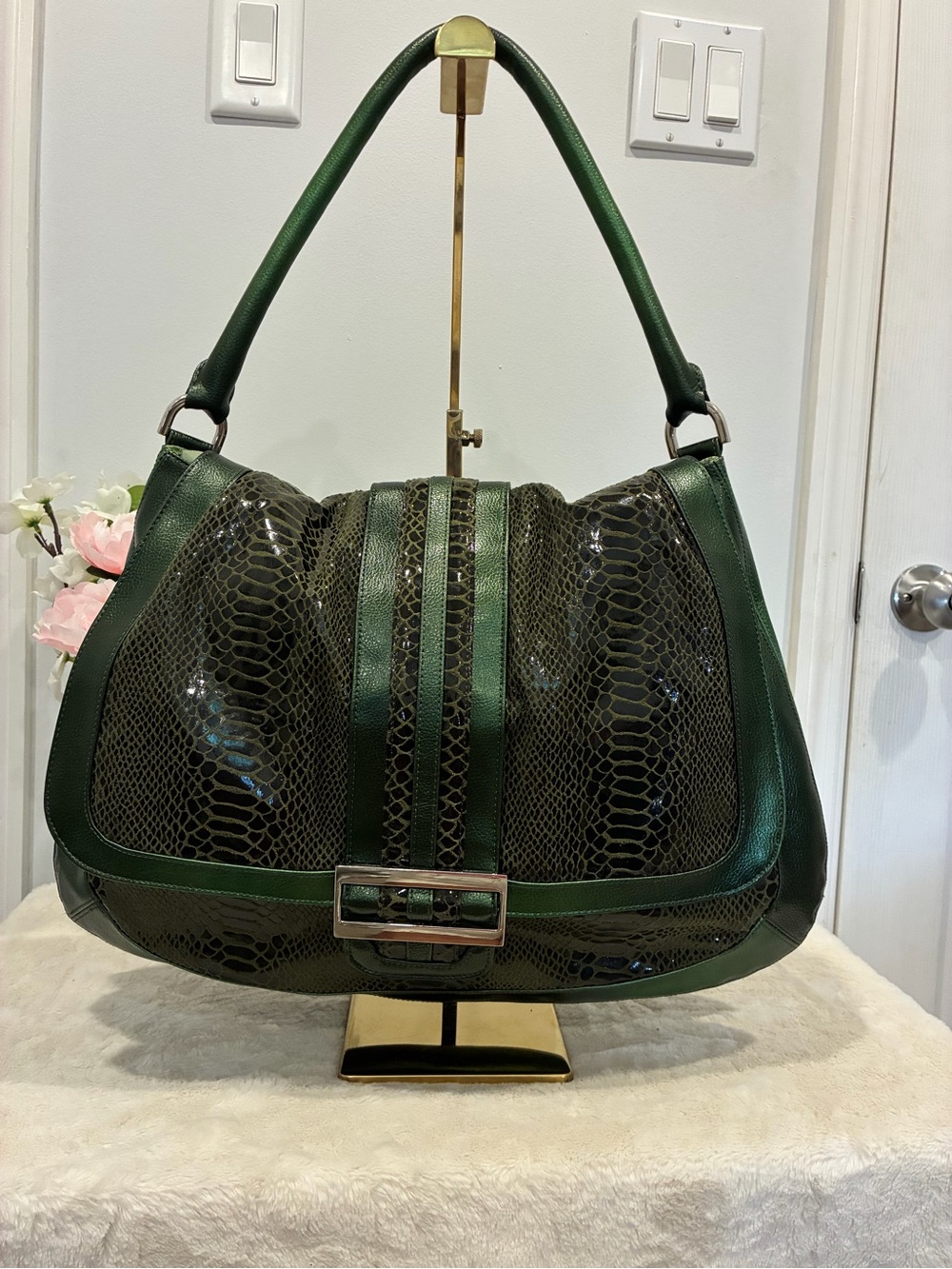 Kate Landry Dark Green Snake-Embossed Shoulder Bag